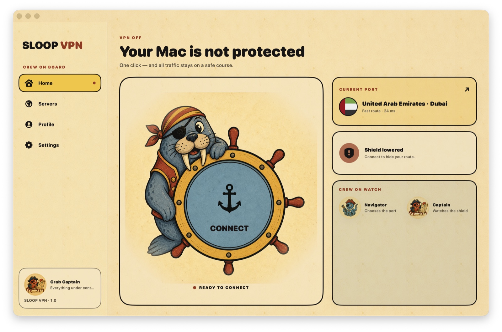 Sloop VPN home screen on macOS