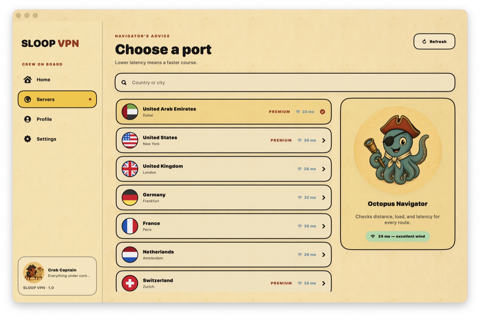 Sloop VPN server locations screen